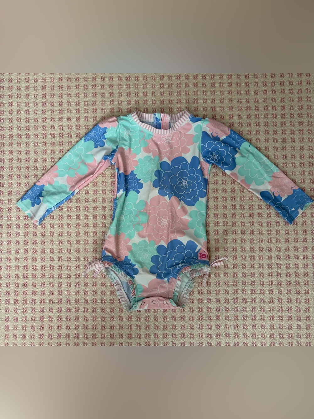 Ruffle Butts Floral Long-Sleeve Rashguard One-Piece - Pink, Blue & Mint